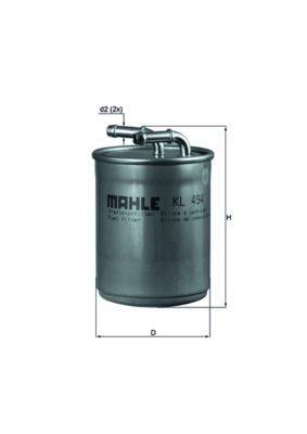 Kraftstofffilter mit Aufschrift "Mahle KL 495"" und seitlich angebrachten Abmessungen. Zwei Rohre ragen von oben heraus.