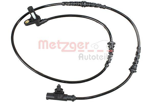 Ein ABS-Sensorkabel mit Steckern und Metallclips vor einem weißen Hintergrund. Der Text 'Metzger Autoteile' ist in Rot sichtbar.