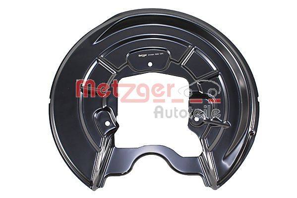 Runde Metall-Bremsscheibenschutzabdeckung mit Schlitzen und einer zentralen Öffnung. Das Logo von 'Metzger Autoteile' ist in Rot und Weiß aufgelegt.