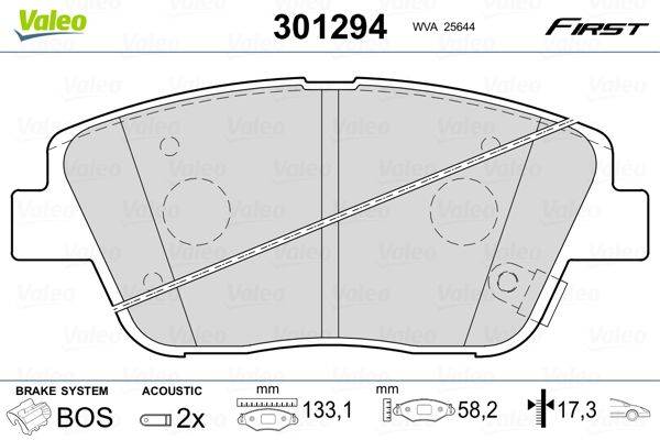 Valeo 301294' Scheibenwischerblatt-Diagramm mit Abmessungen: 133,1 mm und 58,2 mm, mit 'ACOUSTIC 2x' Bezeichnung, Teilenummer WVA 25644.