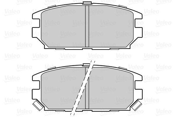 Bremsbelagdiagramm mit oberer und unterer Ansicht, das die Form und Größe der Bremsbeläge zeigt. Es enthält gestrichelte Linien als Symmetriereferenz.