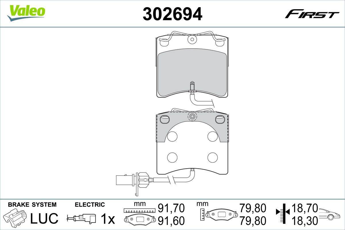 Diagramm zur Darstellung der Montage einer elektrischen Komponente mit Maßen, gekennzeichnet mit '302694'. Enthält eine Anschlussillustration, elektrisches Symbol und Maße in mm: 91,70 bei 79,80.