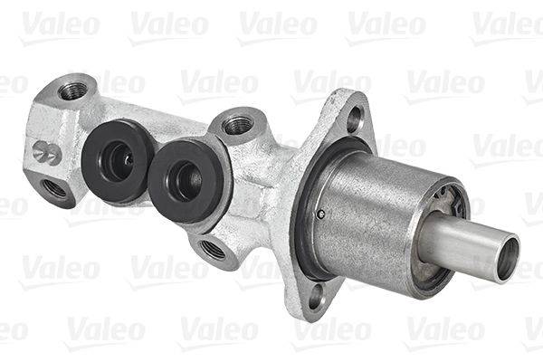 Hauptbremszylinder für den Automobilbereich, der einen Metallkörper und Anschlussports vor einem Markenhintergrund präsentiert.