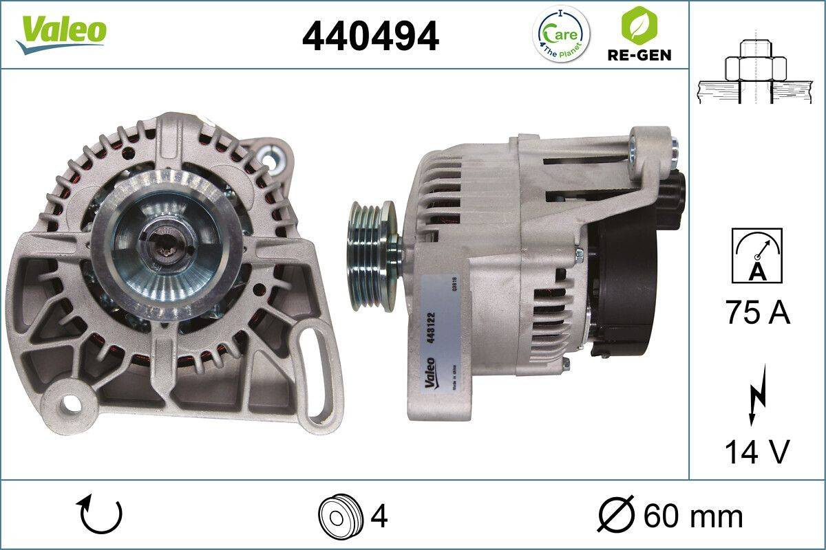 Ein Lichtmaschine mit der Produktnummer '440494', mit Vorder- und Seitenansicht. Logos für 'Care', 'Re-Gen' und Symbole für '60' und '4'.
