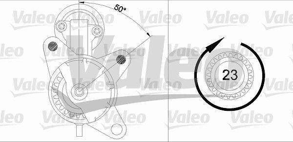 Technische Zeichnung eines mechanischen Bauteils in einem 50° Winkel, die Zahnraddetails und technische Zeichnungselemente zeigt; Hintergrund mit Markenlogos.