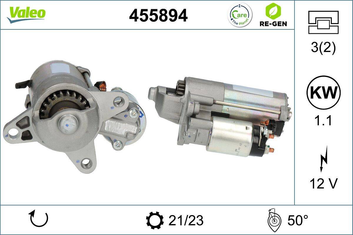 Anlasser-Motormodell 455894 in zwei Ansichten dargestellt. Icons in der oberen rechten Ecke zeigen den umweltfreundlichen Wiederaufbereitungsprozess.