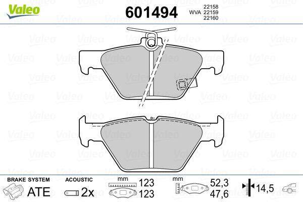 Bremsbeläge mit Produktnummer 601494, Abmessungen 123 mm x 52,3 mm. Akustisches Merkmal angezeigt.