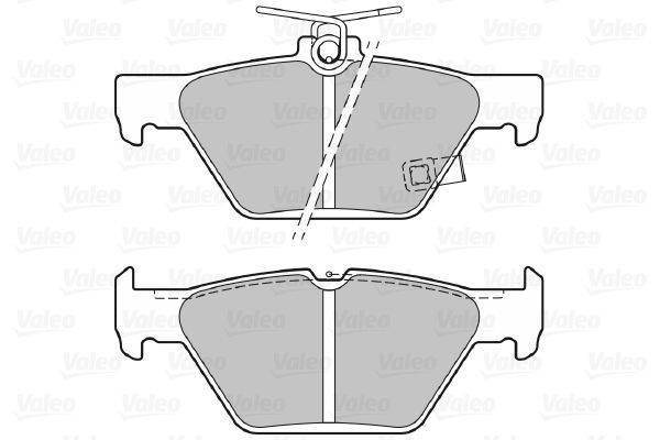Diagramm von zwei Bremsbelägen, oben mit einem Clip und quadratischem Sensor, unten ohne. Beide weisen eine zentrale Nut und insgesamt ähnliche Formen auf.