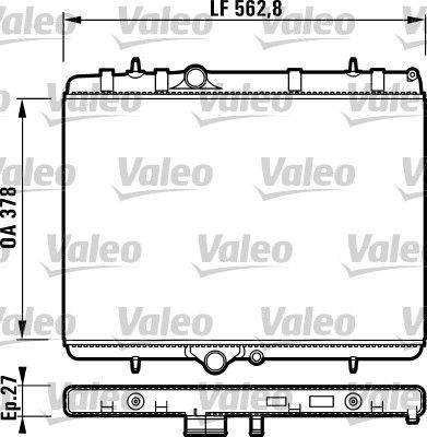 Valeo' Kühlerdiagramm mit Maßen: Gesamthöhe (OA) 378 mm, Länge (LF) 562,8 mm und Sichtbare Rohrlänge (EP) 27 mm.