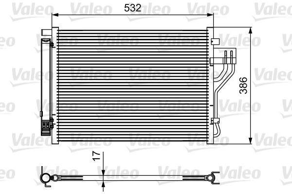 Heizkörper-Diagramm mit Maßen: Breite 532 mm, Höhe 326 mm und Tiefe 17 mm. Seitenansicht zeigt Befestigungspunkte und Kernstruktur.