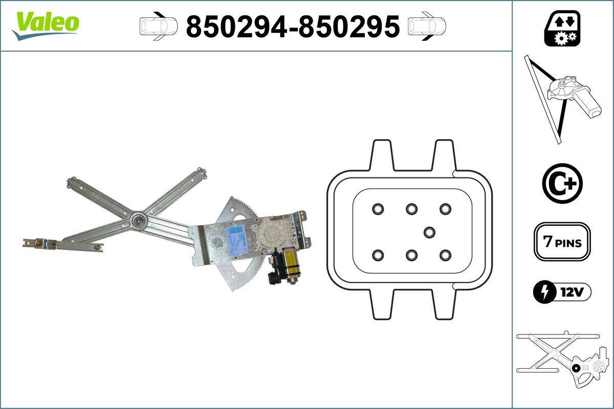 Autofensterhebergetriebe-Schaubild mit Zahnrad- und Gestängeaufbau und einer Detailansicht der mit den Nummern 850294-850295 gekennzeichneten Einzelkomponenten.