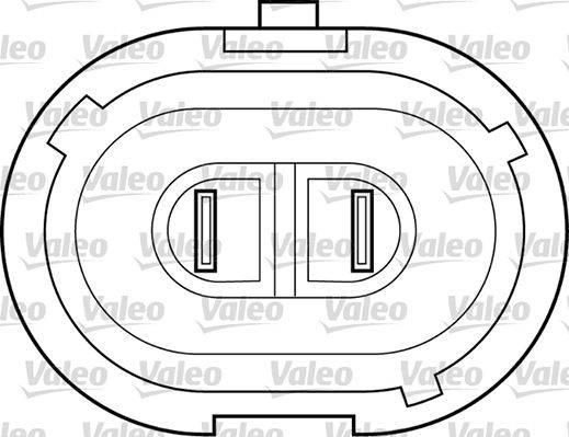 Diagramm eines Automotive-Elektroverbindersteckers mit Layout der Anschlusspins, dargestellt durch zwei parallele Linien, die die Verbindungspunkte anzeigen. Im Hintergrund befindet sich das 'Valeo' Wasserzeichen.