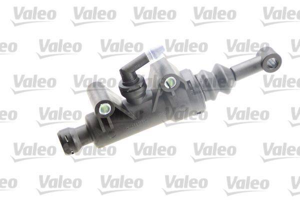 Eine hydraulische Kupplungshauptbremszylinder mit der Aufschrift 'Valeo' vor einem sich wiederholenden 'Valeo' Logo-Hintergrund.