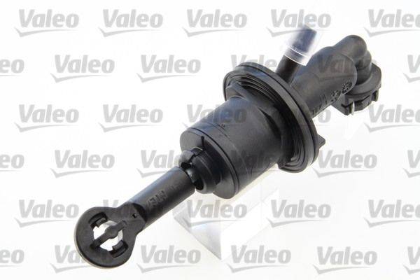 Ein schwarzes Automobilbauteil mit mechanischem Design, möglicherweise ein Kupplungszylinder, wird präsentiert. Das Bild zeigt ein wiederholendes 'Valeo' Wasserzeichen.
