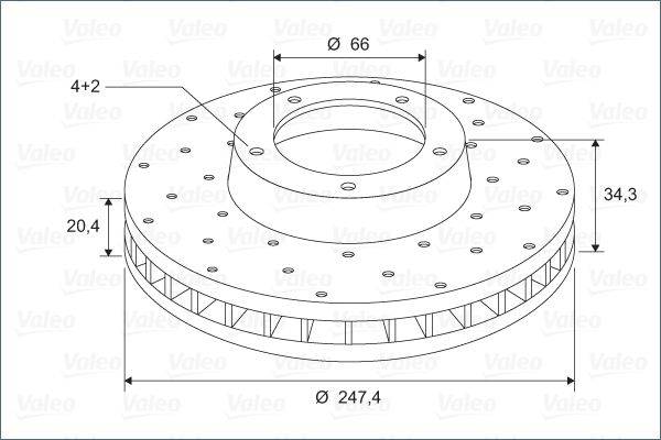 Eine technische Zeichnung einer kreisförmigen Bremsscheibe mit Abmessungen: Außendurchmesser 247,4 mm, Innendurchmesser 66 mm, mit Belüftungsdesign.