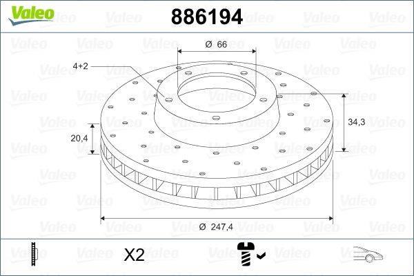 Technische Zeichnung einer Bremsscheibe, beschriftet mit '886194', mit Abmessungen: 66 mm Innendurchmesser und 247,4 mm Außendurchmesser. Montagessymbol und 'X2' vermerkt.