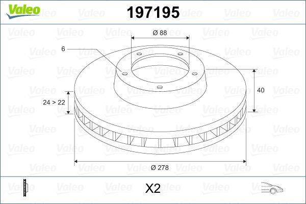 Diagramm einer Bremsscheibe mit beschrifteten Abmessungen: Durchmesser Ø278, Höhe 22, Lochbild Ø8, Lochkreis Ø6. Teilenummer 197195.