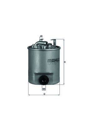 Mahle-Ölfilter mit Metallgehäuse, ausgestattet mit mehreren Düsen auf der Oberseite und mit beschrifteten Abmessungen für Höhe und Durchmesser.