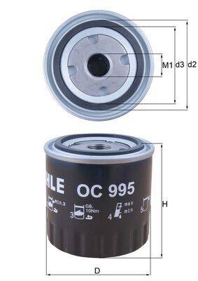 MAHLE OC 995 Ölfilter' Bild mit Diagramm, das die Abmessungen M1, d2, d3 und H zeigt. Dunkler Filter mit Beschriftungen und Herstellerlogo.