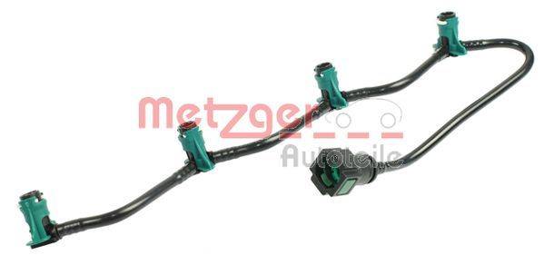 Zwei grüne elektrische Anschlüsse, die durch schwarze Kabel miteinander verbunden sind, mit dem Logo von 'Metzger Autoteile'.