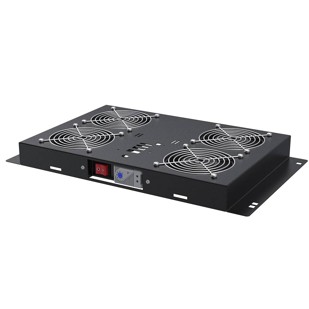 Ein schwarzes rechteckiges Lüftermodul mit vier kreisförmigen Lüftern, Netzschalter und einem blauen VGA-Anschluss, das zur elektronischen Kühlung verwendet wird.