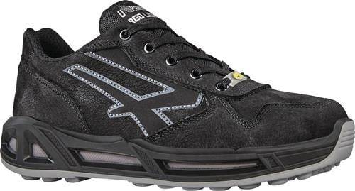 Ein schwarzer Sportschuh mit grauen Akzenten an der Seite, der ein stilvolles, modernes Design aufweist. Der Schuh verfügt über eine dicke Sohle für erhöhten Komfort.