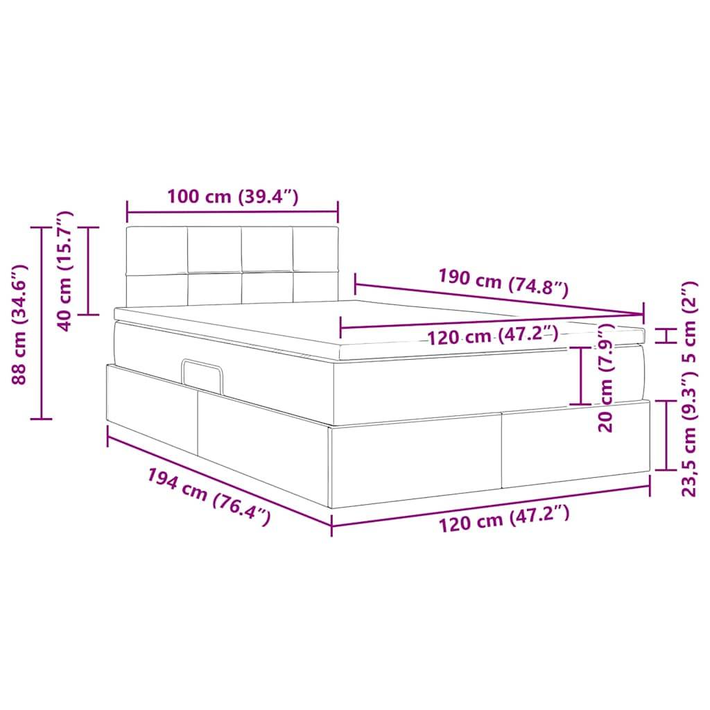 Eine Skizze eines Bettes mit angezeigten Maßen: Höhe 88 cm, Breite 100 cm, Länge 190 cm, zusätzlicher Stauraum bei 120 cm und 23,5 cm Höhe.