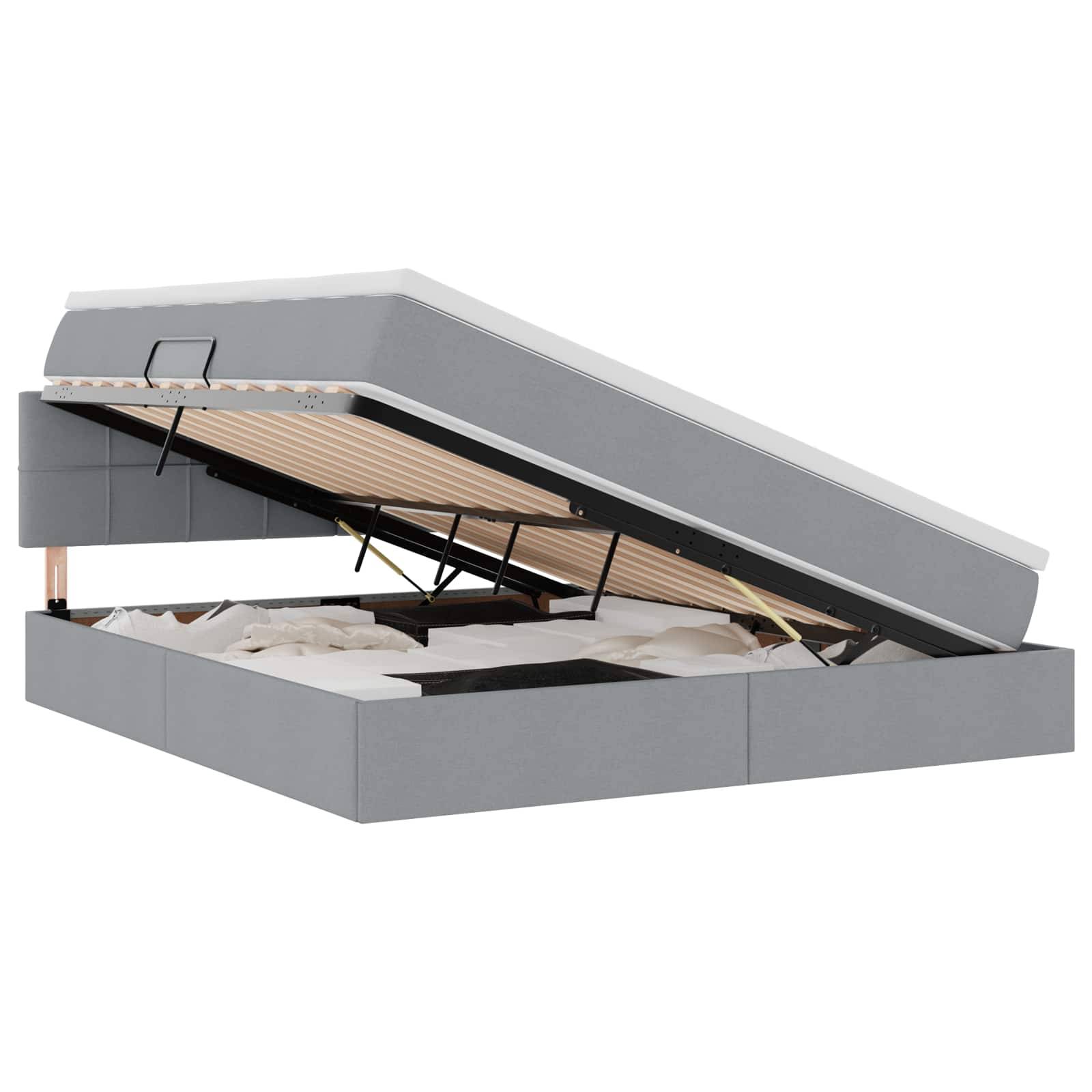 Ein graues gepolstertes Bett mit einer hydraulischen Liftsystem-Matratze offenbart einen geräumigen Stauraum unter dem Bett, gefüllt mit Bettwäsche.