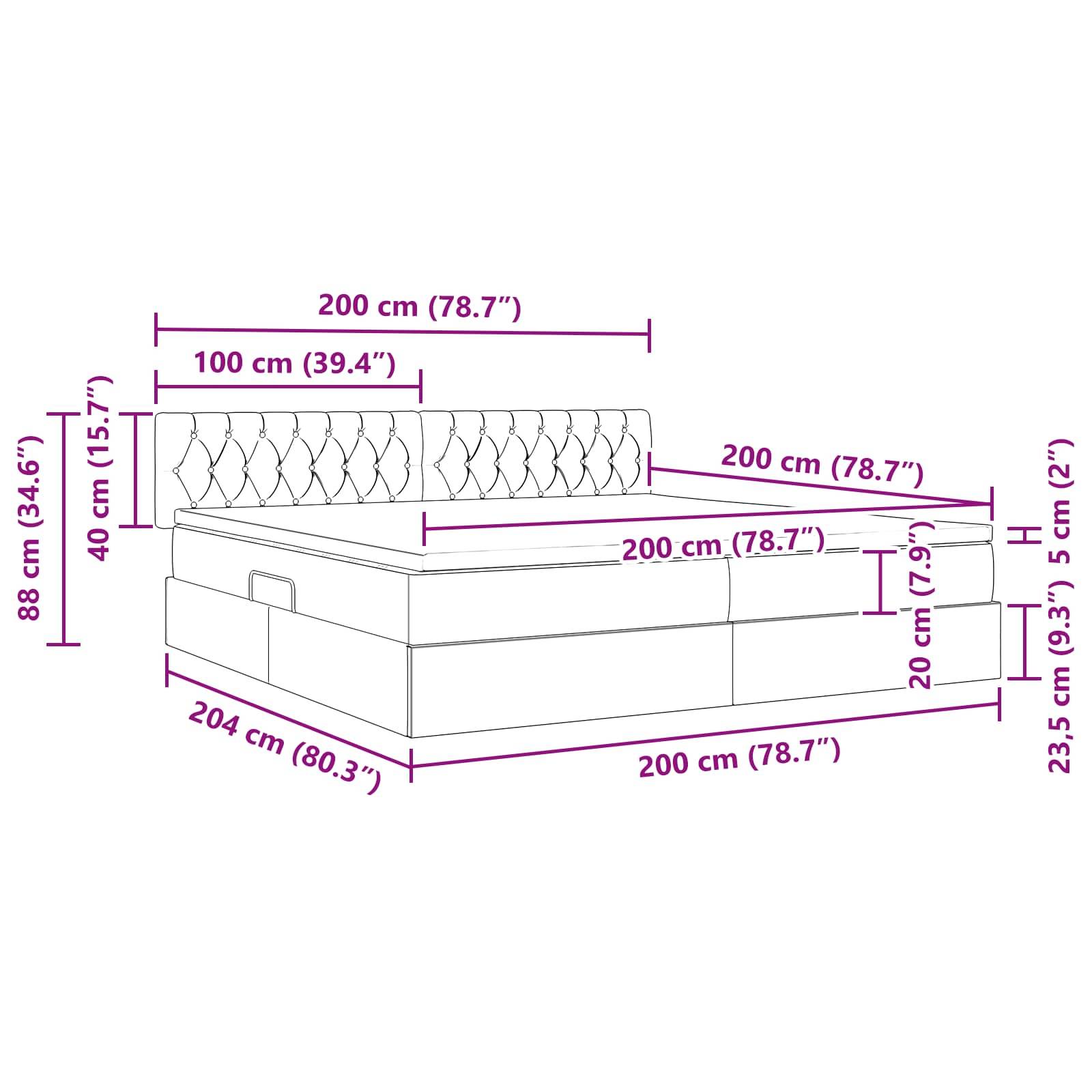 Bettabmessungen-Bild mit detaillierten Maßen: Höhe 88 cm, Breite 204 cm, Länge 200 cm, Kopfteil 100 cm.