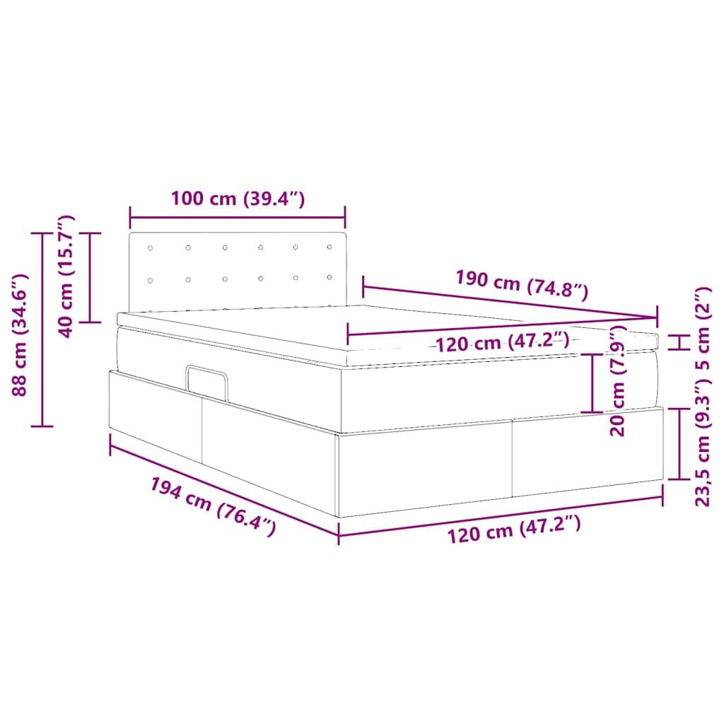 Seitenansicht eines Bettes mit beschrifteten Abmessungen: Höhe 88 cm, Breite 194 cm, Tiefe 120 cm. Matratze und andere Teile mit spezifischen Maßen gekennzeichnet.