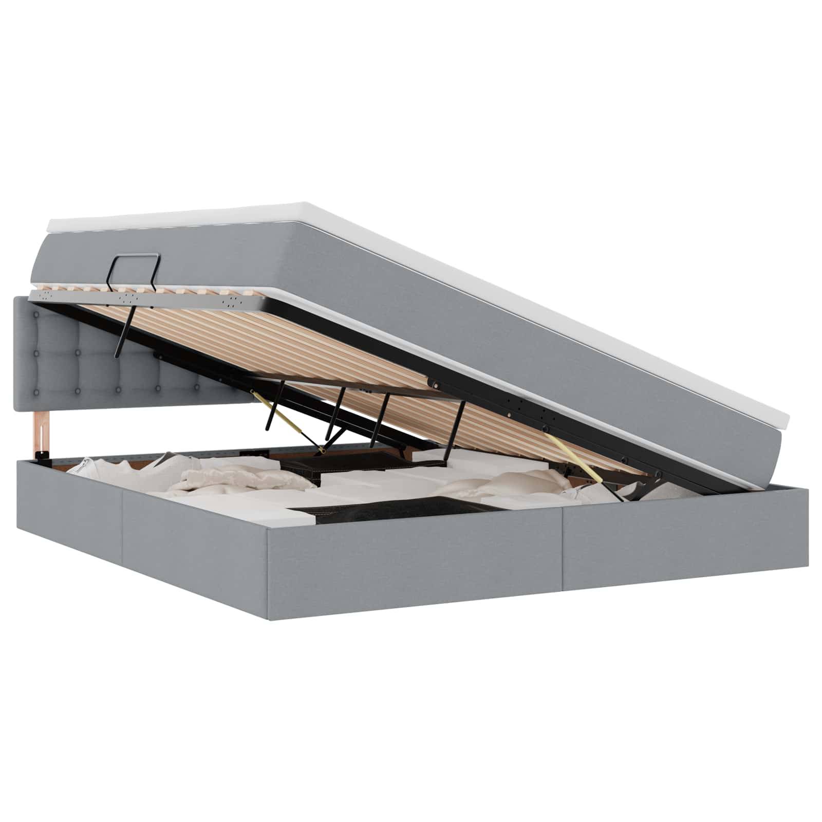 Ein grau gepolstertes Stauraumbett mit hydraulischem Lift offenbart großzügigen Stauraum unter dem Bett und zeigt damit sein praktisches Design zur Maximierung des Raumes.