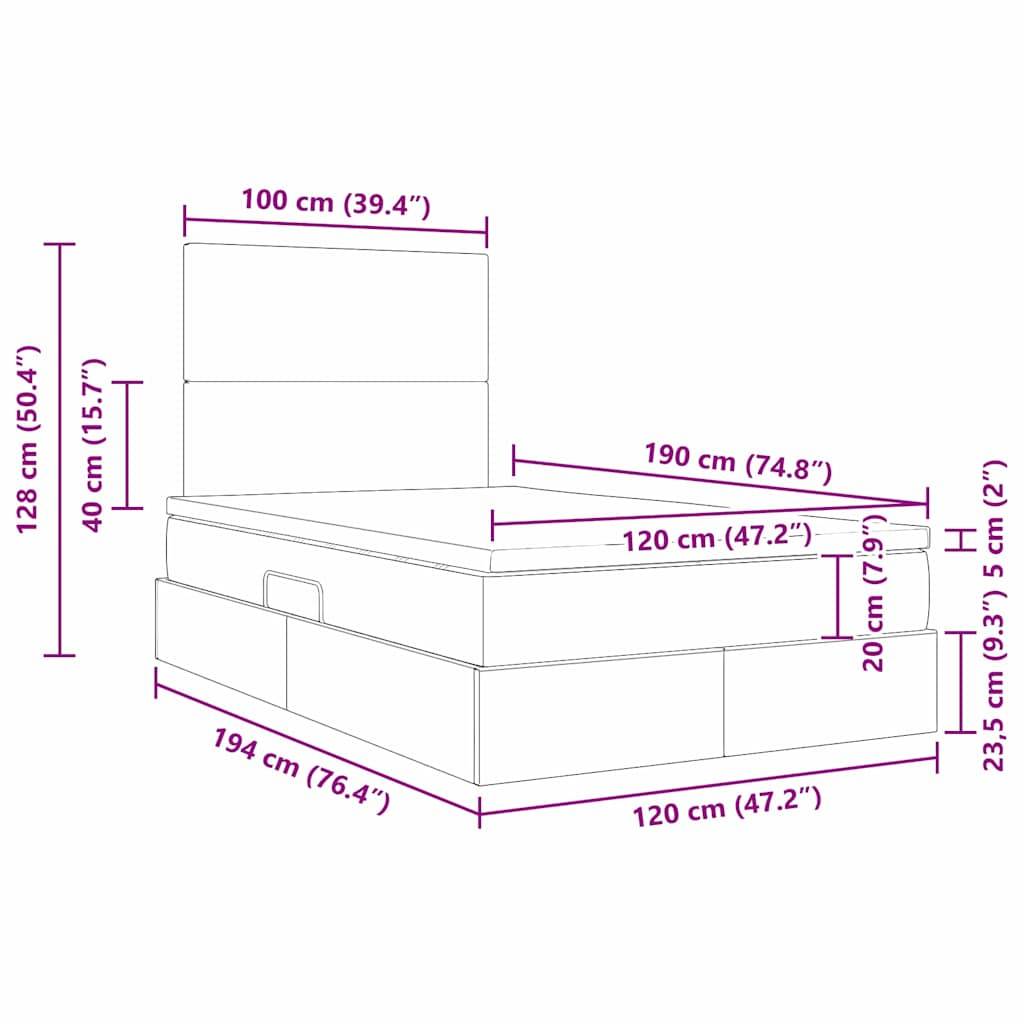 Diagramm eines Bettes mit Maßen: Breite 100 cm, Länge 190 cm, Höhe 128 cm. Matratzenhöhe 40 cm. Enthält Schubladenmessungen.