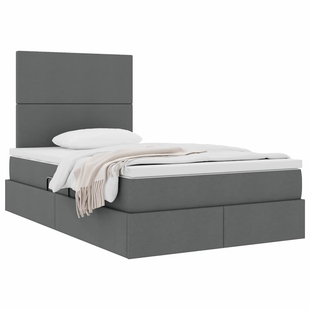 Grau gepolstertes Bett mit hohem Kopfteil, weiße Matratze, Kissen und beige Decke, die ein zeitgenössisches und elegantes Design bieten.