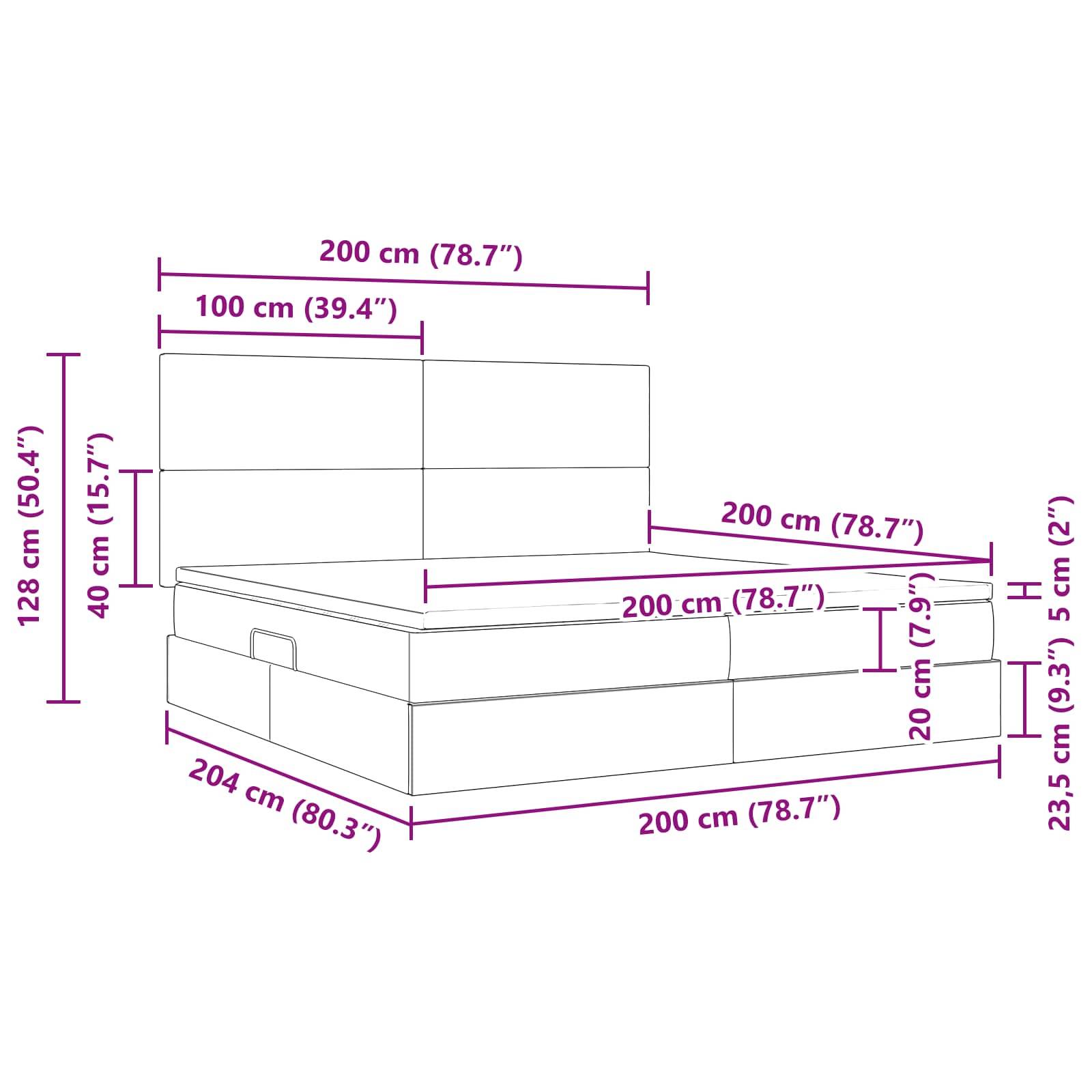 Strichzeichnung eines Bettes mit Abmessungen: 204 cm lang, 200 cm breit und 40 cm hoch; Kopfteil 128 cm hoch, mit zusätzlichen Maßangaben.