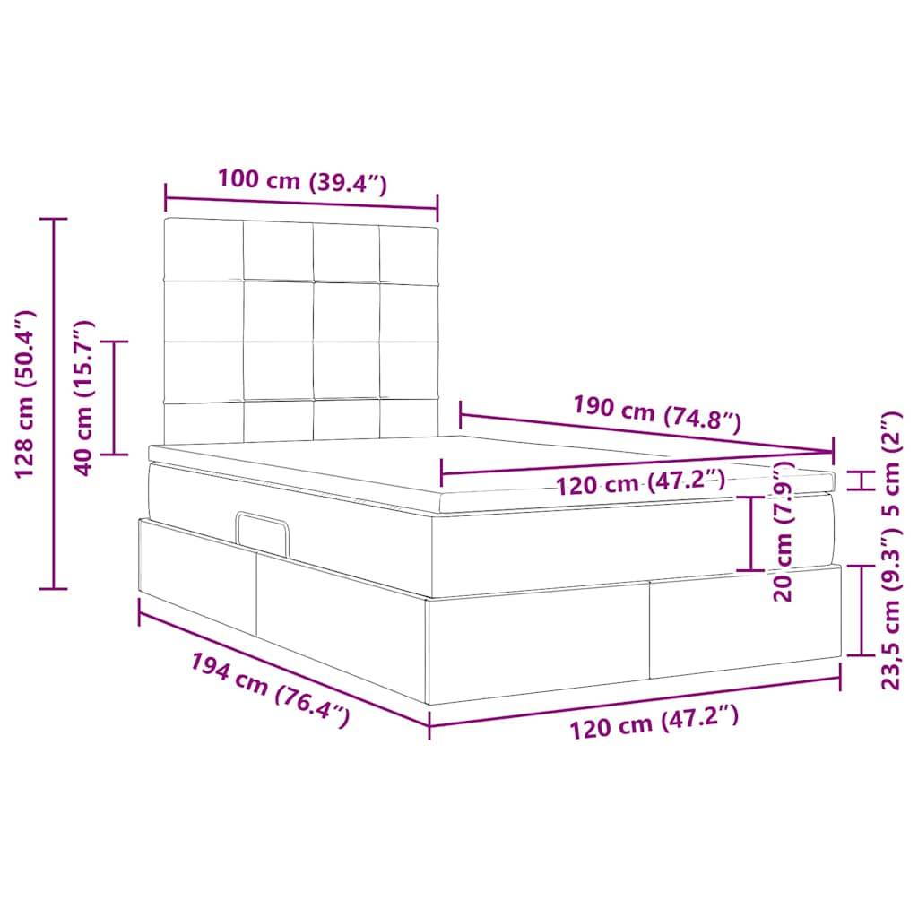 Darstellung eines Bettes mit Maßangaben: Höhe 128 cm, Länge 194 cm, Breite 190 cm. Kopfteil ist 100 cm breit, Matratze ist 20 cm dick.