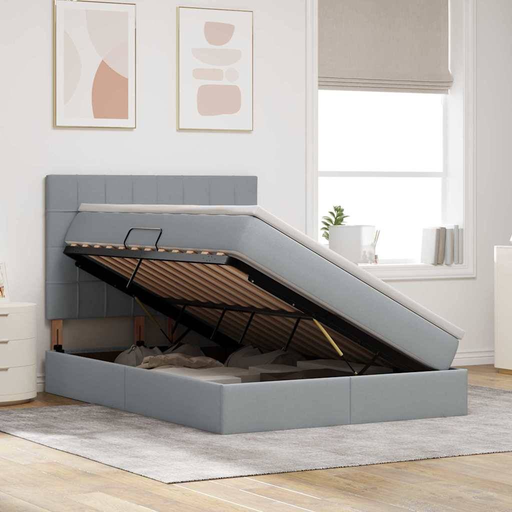 Ein Schlafzimmer mit einem erhöhten Ottomane-Bettrahmen, der Stauraum freigibt. Der Raum hat eine moderne Ästhetik mit abstrakter Wandkunst und heller Dekoration.