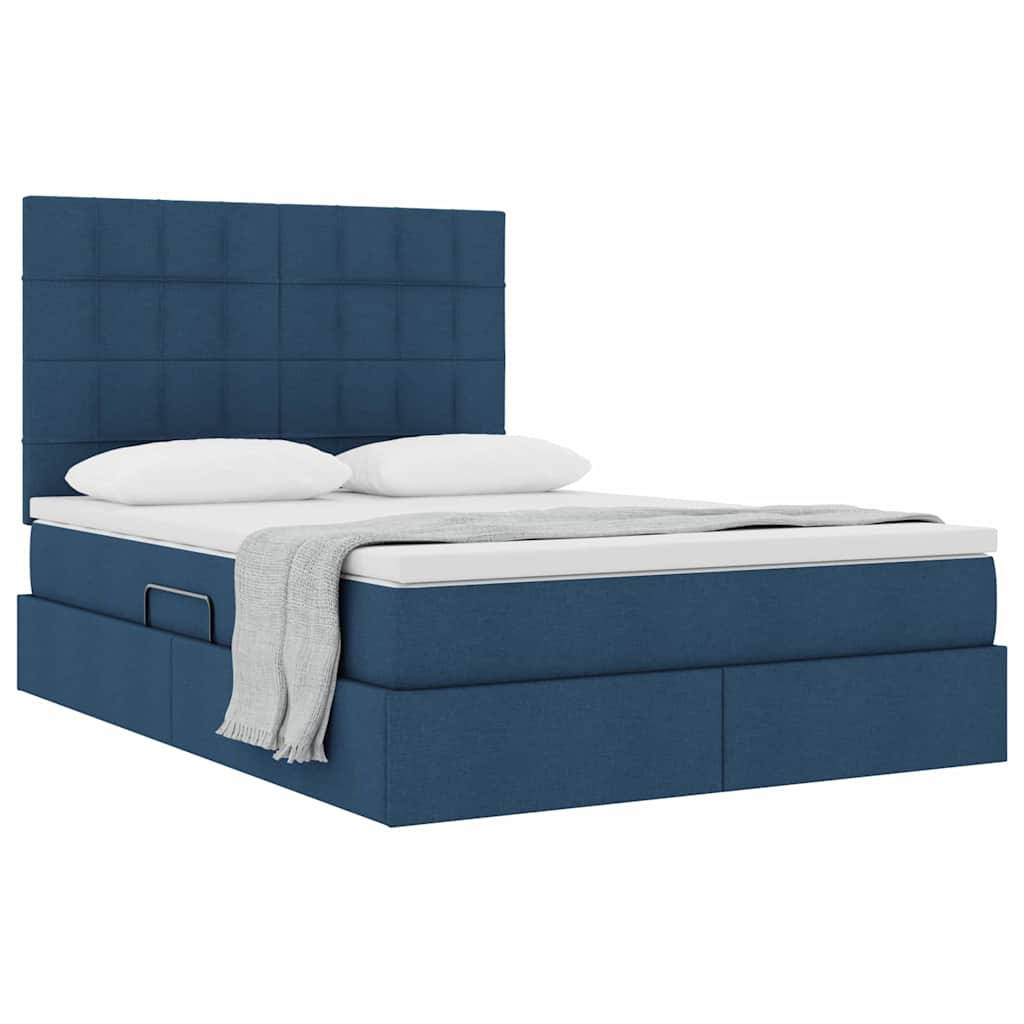 Ein modernes blaues Bett mit einem karierten Kopfteil-Design, ausgestattet mit einer weißen Matratze, zwei weißen Kissen und einer zusammengelegten grauen Decke.