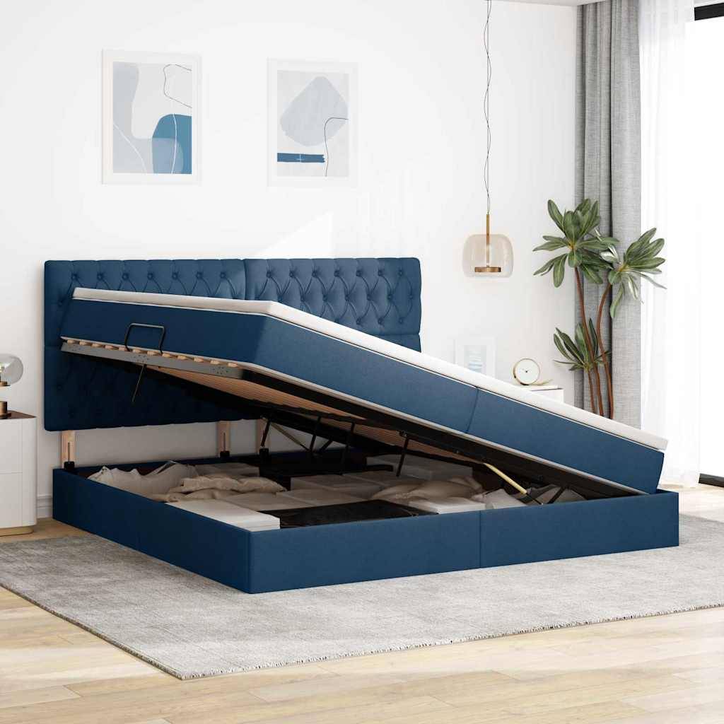 vidaXL LED-Speicherbett mit Matratze Blau 200 x 200 cm Stoff