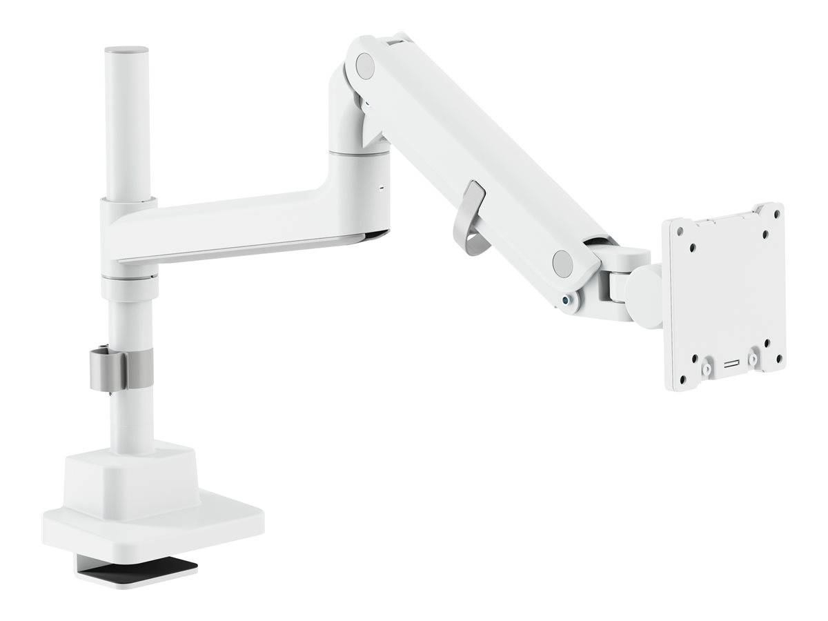 Ein weißer, verstellbarer Monitorarm mit mehreren Gelenken, der für ergonomische Positionierung konzipiert ist. Sein schlankes Design deutet auf moderne Büronutzung hin.