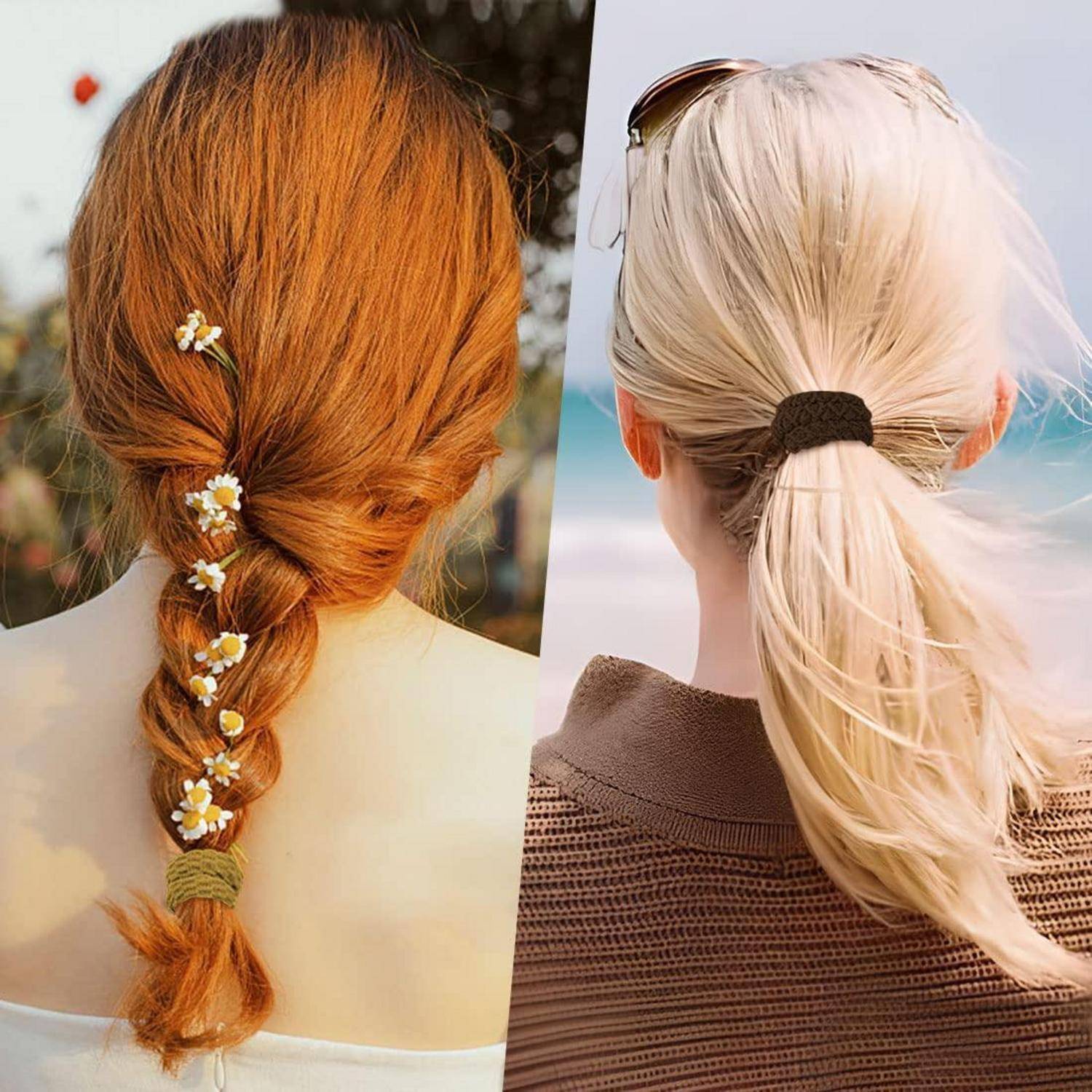Ein geteiltes Bild, das zwei Frisuren zeigt: Links eine rote geflochtene Frisur, geschmückt mit kleinen Blumen, rechts ein blonder Pferdeschwanz am Meer.