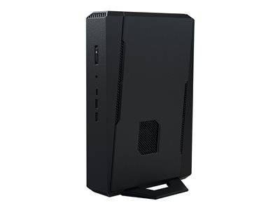 Ein schlanker, schwarzer Mini-PC-Turm, der auf einer Basis steht und sein kompaktes, modernes Design mit sichtbaren Lüftungsschlitzen und Anschlüssen präsentiert.