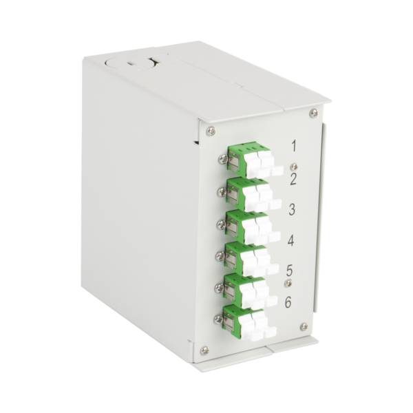 Hutschienenbox OS2 G652D 12xLC/APC Pigtail -- abgesetzt 6x LC/APC-Duplex Kupplung Glasfaser und