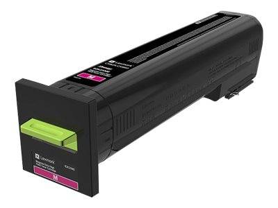 Eine schwarze Lexmark Tonerkartusche mit Magenta-Kennzeichnung, die die Kompatibilität für bestimmte Lexmark Druckermodelle anzeigt.