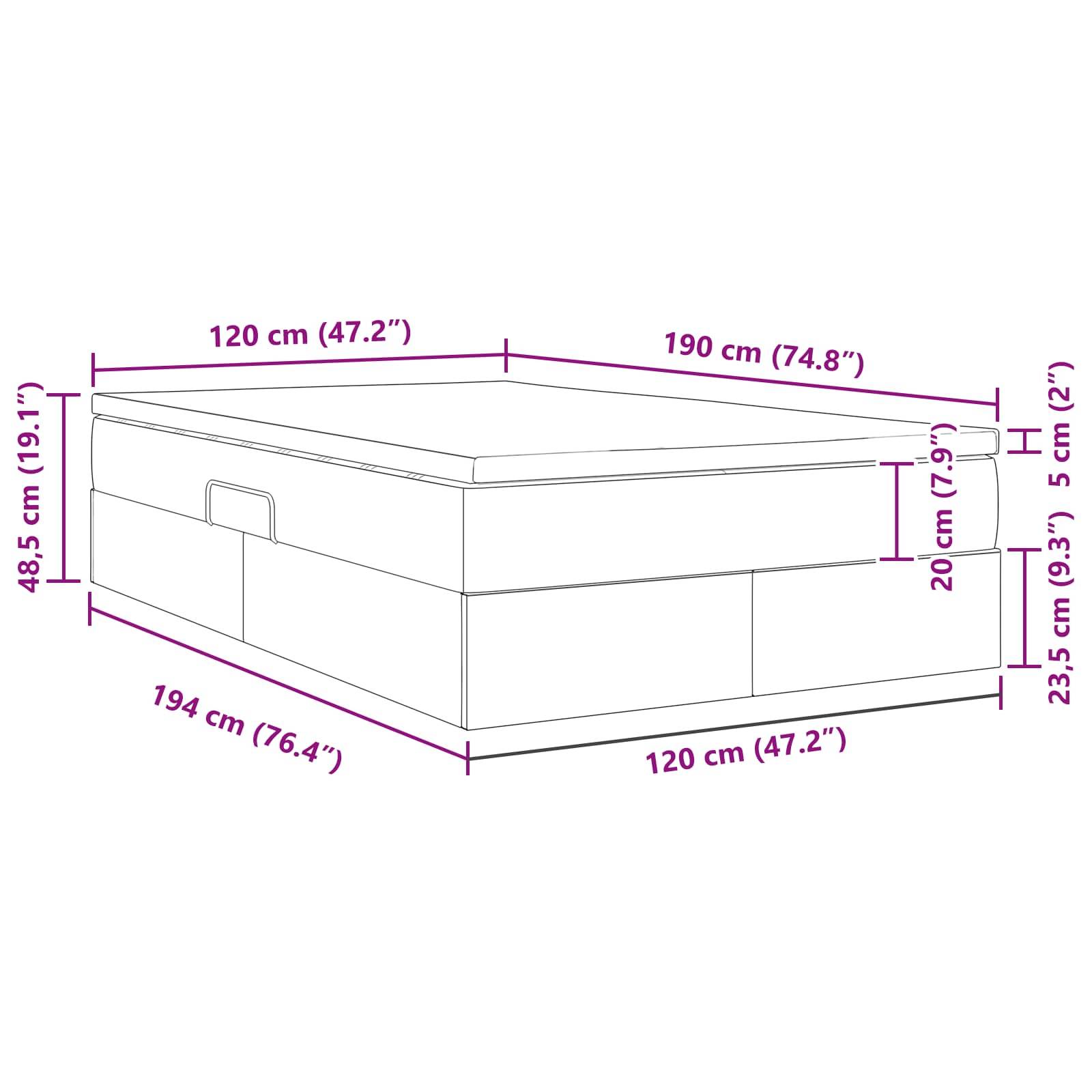 Darstellung eines rechteckigen Bettes mit Stauraum, mit beschrifteten Maßen: 120 cm breit, 190 cm lang, 48,5 cm hoch; Staurageschubladen darunter.
