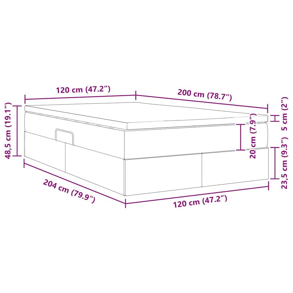Diagramm eines Stauraumbettes mit Maßen: 204 cm Länge, 120 cm Breite, 48,5 cm Höhe. Maße der Stauraschublade: 120 cm Breite, 23,5 cm Höhe.