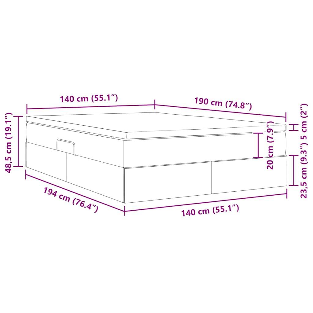 Bettdiagramm. Abmessungen: 194 cm lang, 140 cm breit, 48,5 cm hoch. Matratze: 20 cm dick. Schubladenhöhe: 23,5 cm. Linien zeigen Maße.