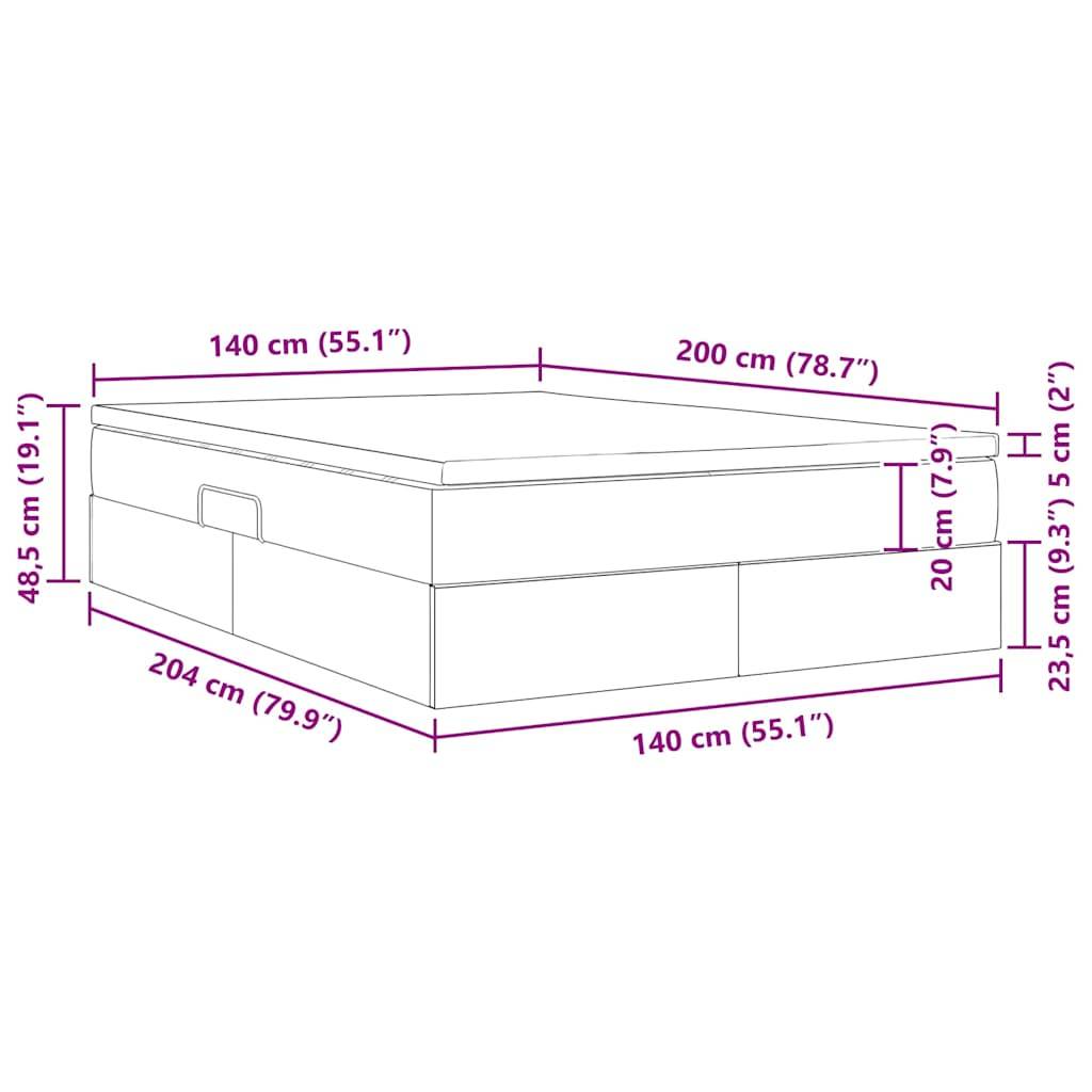 Isometrische Darstellung eines rechteckigen Bettes mit beschrifteten Abmessungen: Länge 204 cm (79,9