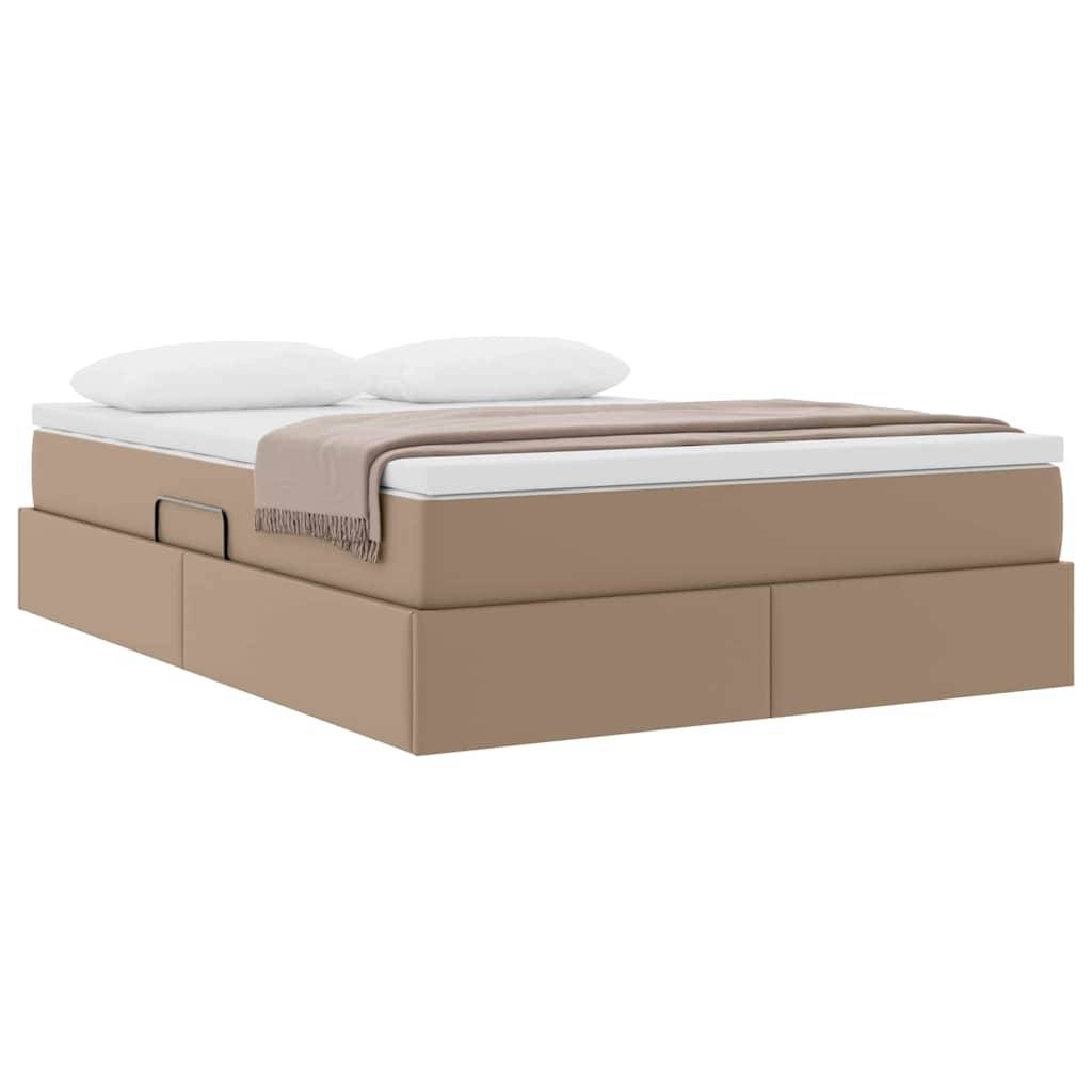 Ein beiges Doppelbett mit einer weißen Matratze und zwei Kissen, ausgestattet mit integrierten Staurageschubladen darunter.
