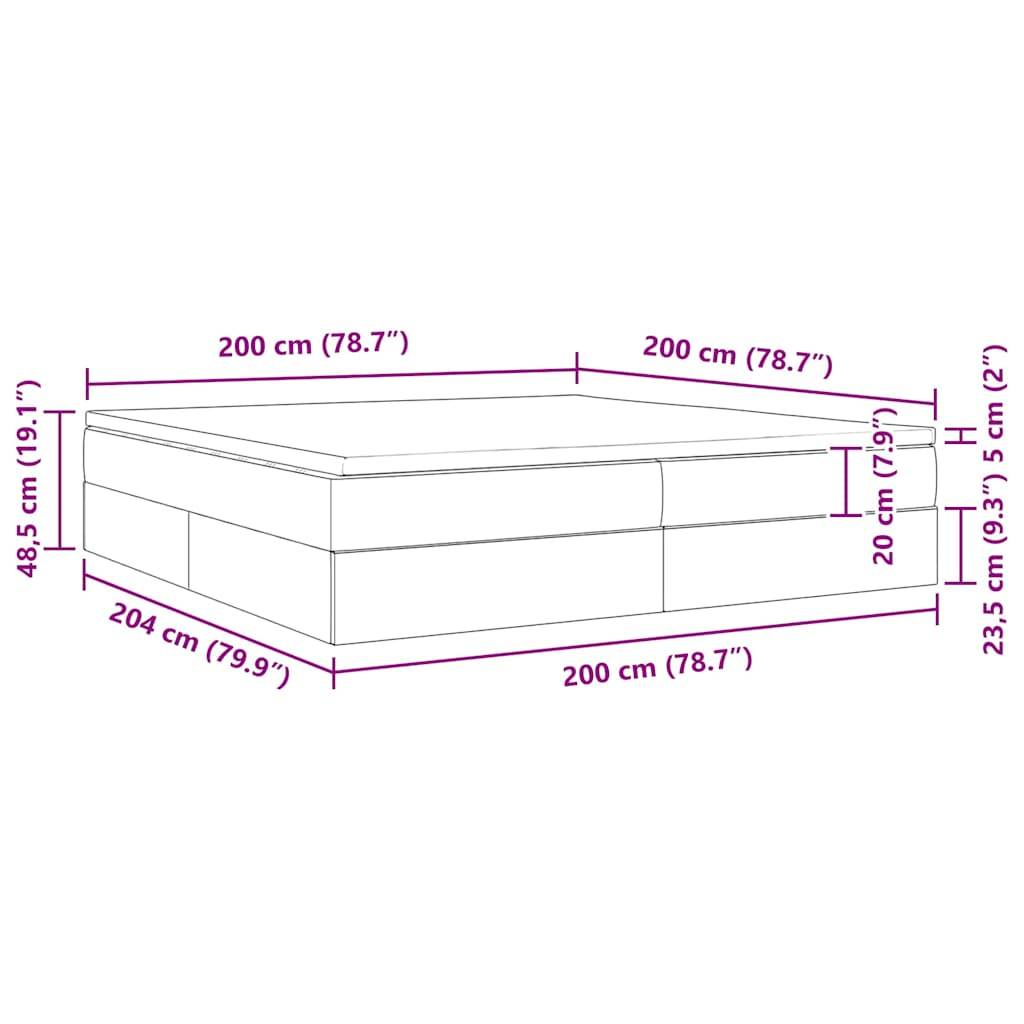 Diagramm eines rechteckigen Bettes mit Stauraum, mit folgenden Abmessungen: 200 cm (78,7") Breite, 204 cm (79,9"") Länge, 48,5 cm (19,1"") Höhe.