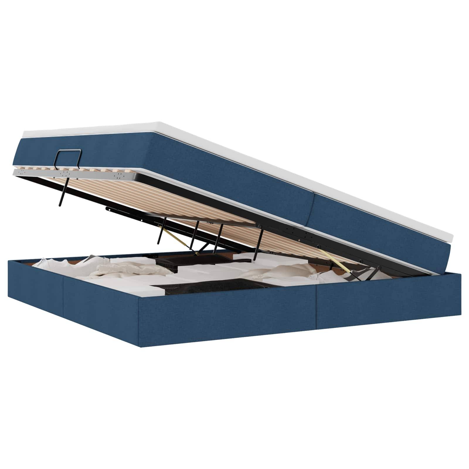 Ein blaues Stauraumbett mit einer erhöhten Matratzenplattform, die einen Raum zum Verstauen von Gegenständen darunter freigibt. Das Bett ist clean und modern gestaltet.
